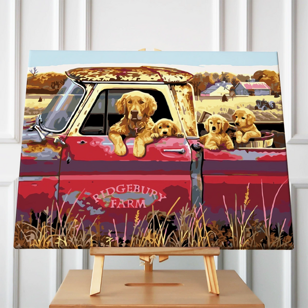 Golden retriever puppies in old red farm truck countryside painting