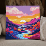 Colorful painting of a sunset over mountains with winding river