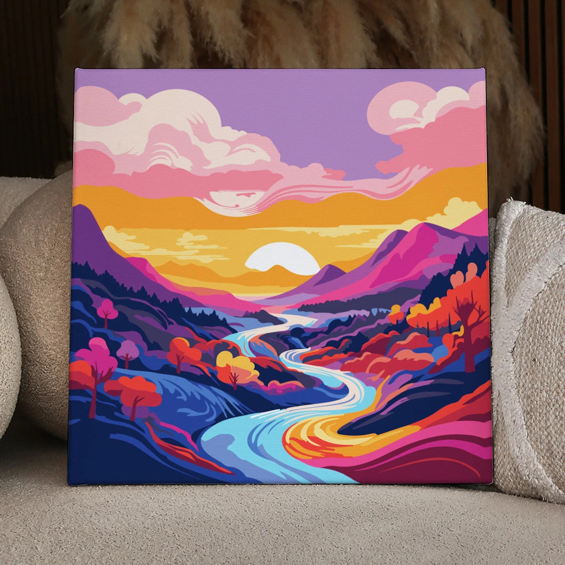 Colorful painting of a sunset over mountains with winding river