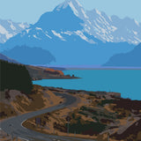 Winding road leading to blue lake and snow-capped mountains painting