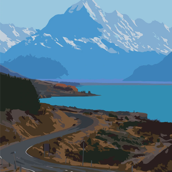 Winding road leading to blue lake and snow-capped mountains painting