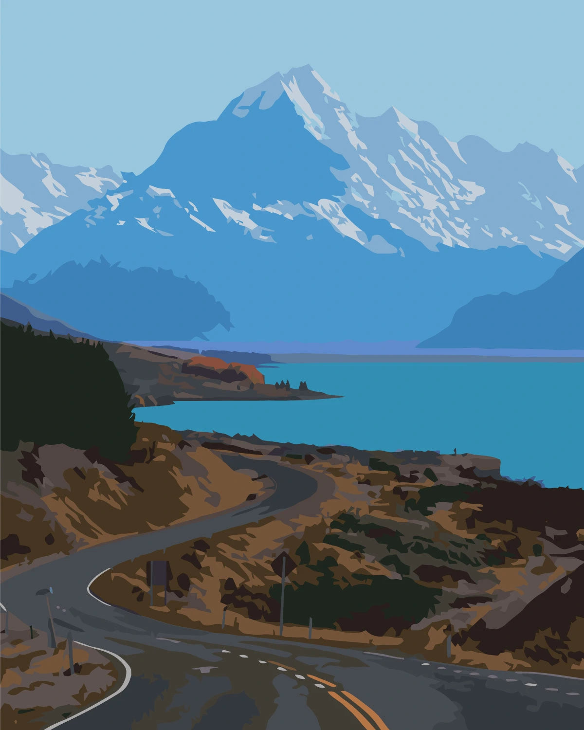 Winding road leading to blue lake and snow-capped mountains painting