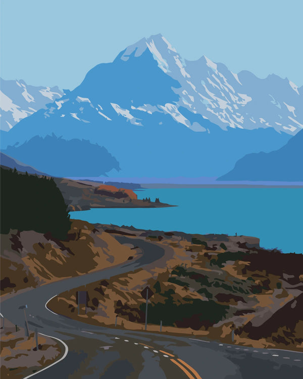 Winding road leading to blue lake and snow-capped mountains painting