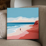Painting of a lone figure walking on a serene beach shoreline
