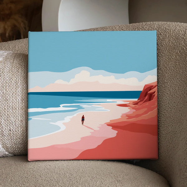 Painting of a lone figure walking on a serene beach shoreline