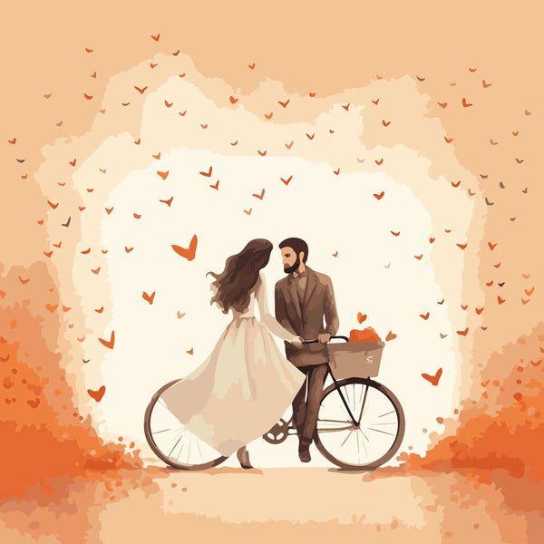 Romantic couple with bicycle hearts and warm watercolor tones