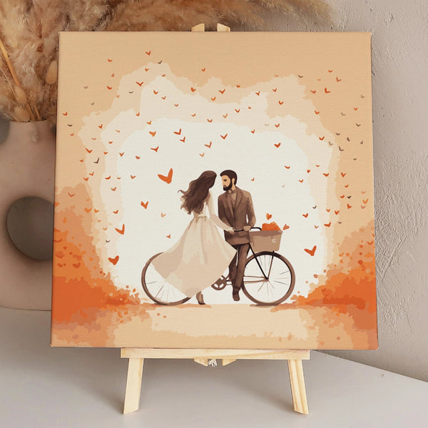 Romantic couple with bicycle hearts and warm watercolor tones