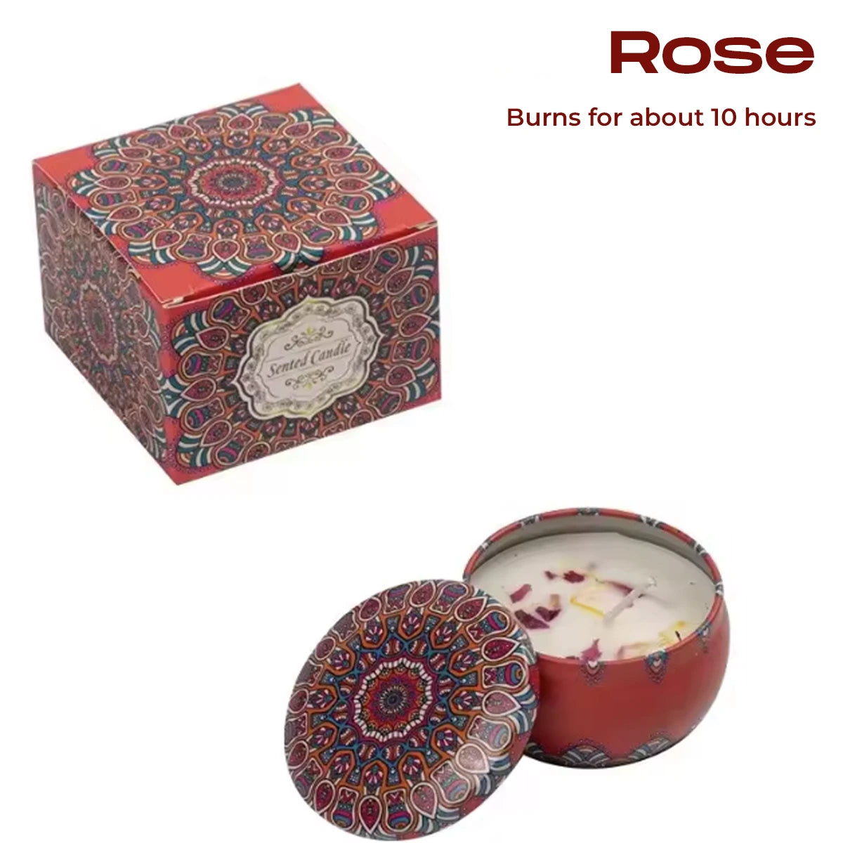 Rose scented candle in a red mandala tin, 10-hour burn time – Artspark accessory