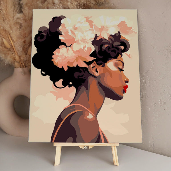 Elegant woman with floral hair in soft pastel tones painting