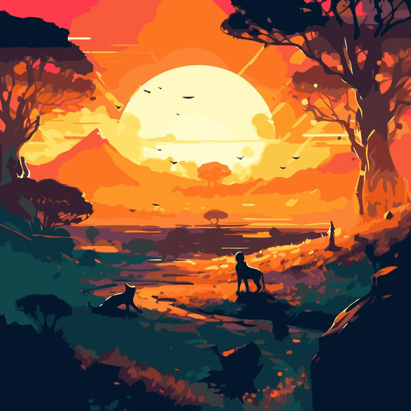 Vibrant African savanna sunset with silhouetted lions and trees