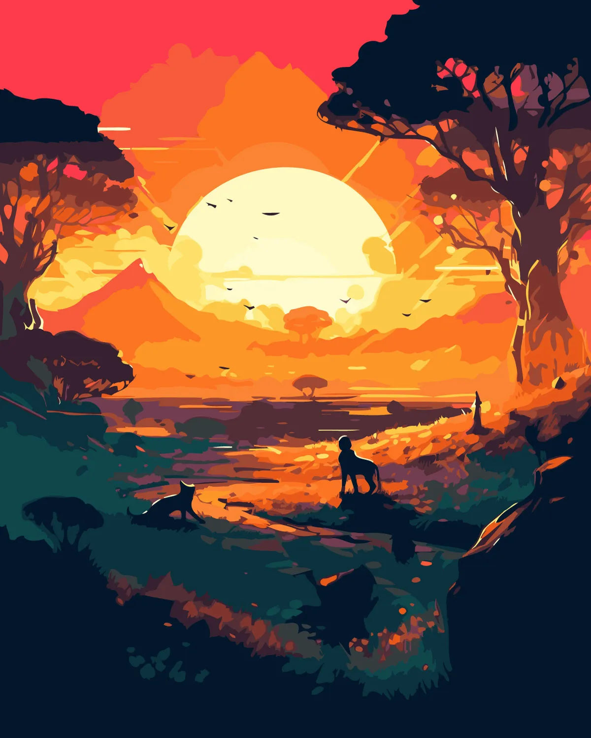 Vibrant African savanna sunset with silhouetted lions and trees