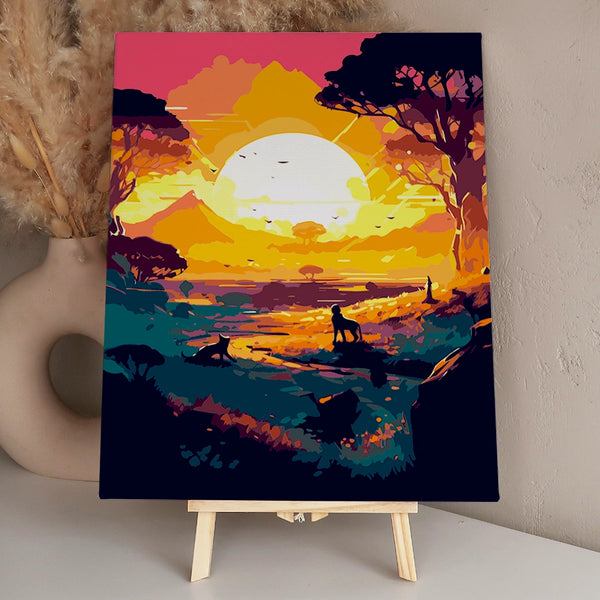 Vibrant African savanna sunset with silhouetted lions and trees