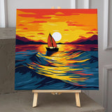 Sailboat on vibrant ocean waves during a golden sunset