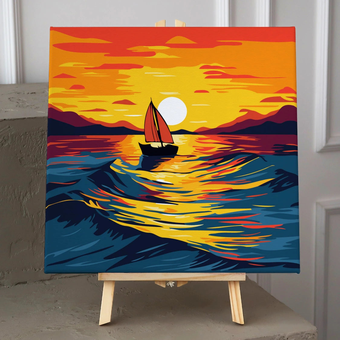 Sailboat on vibrant ocean waves during a golden sunset