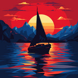Sailboat on colorful water with mountains and sunset background