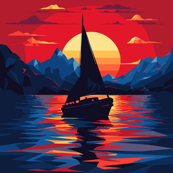 Sailboat on colorful water with mountains and sunset background
