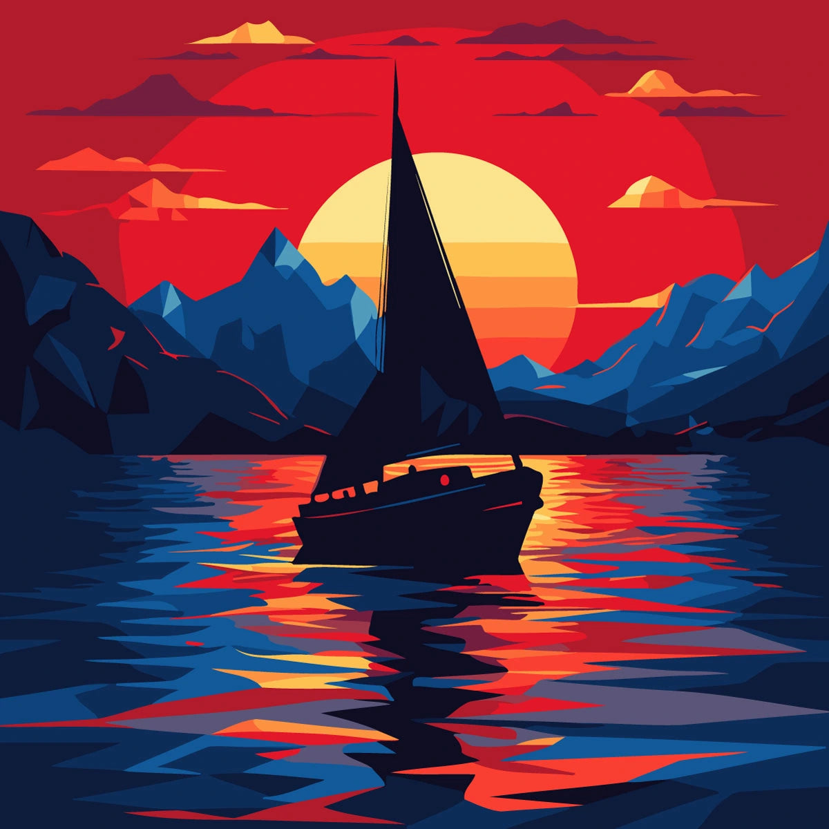 Sailboat on colorful water with mountains and sunset background