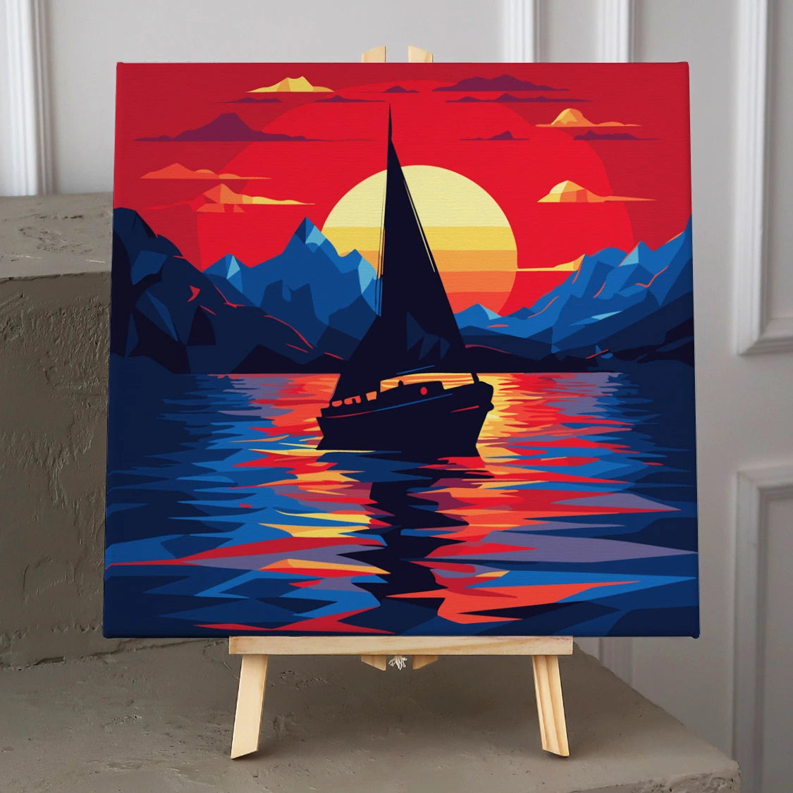 Sailboat on colorful water with mountains and sunset background
