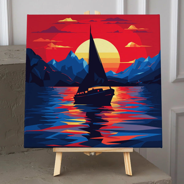Sailboat on colorful water with mountains and sunset background