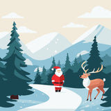 Santa Claus and reindeer in a snowy winter mountain landscape