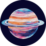 Colorful abstract painting of Saturn with vibrant rings in space