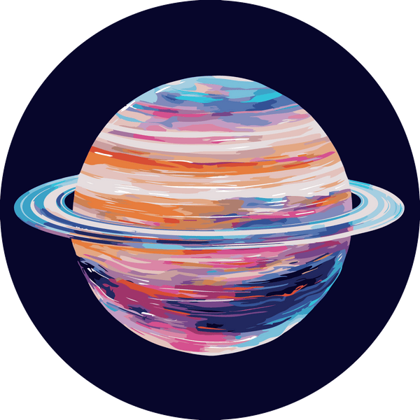 Colorful abstract painting of Saturn with vibrant rings in space