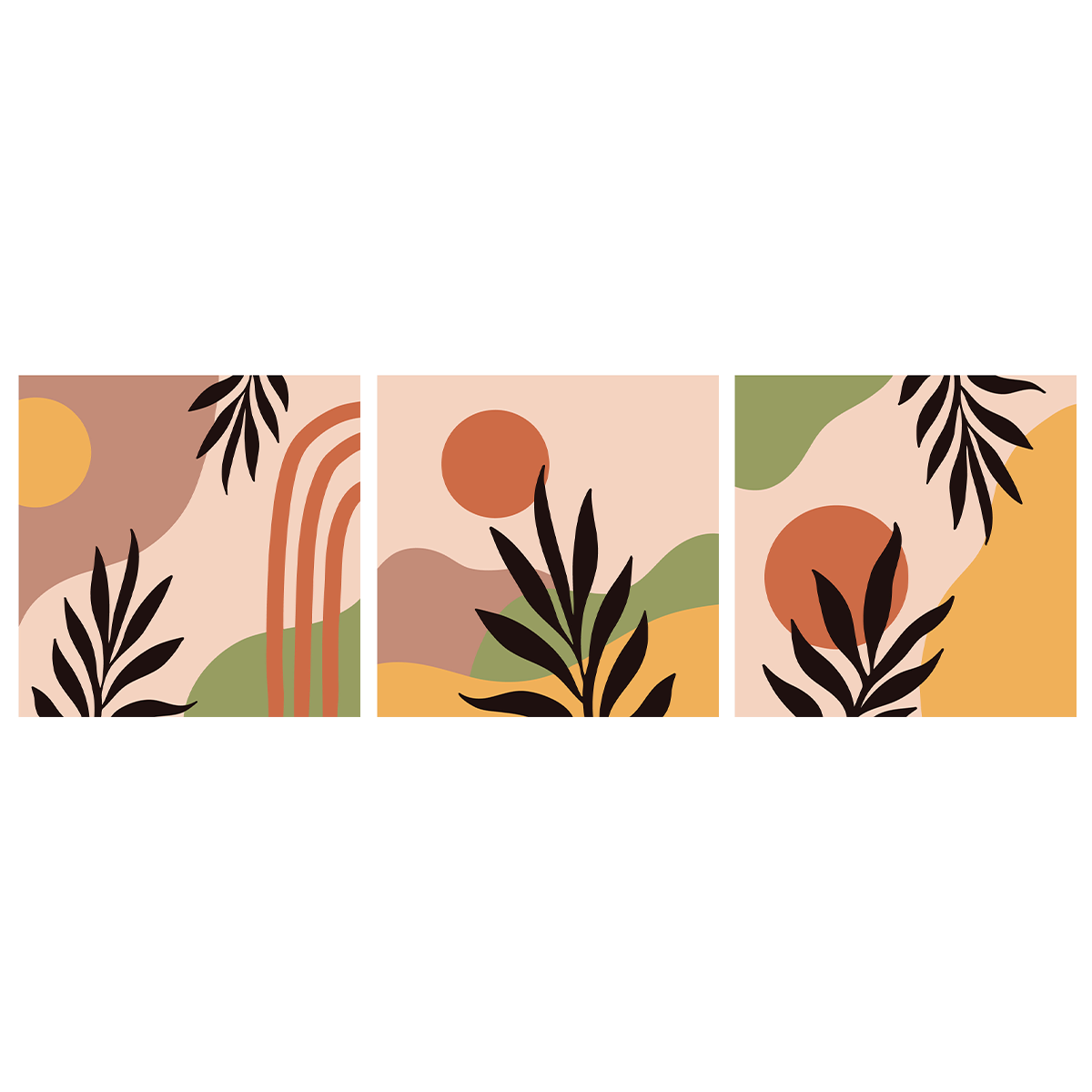 Minimalist abstract botanical triptych with earthy tones and leaves