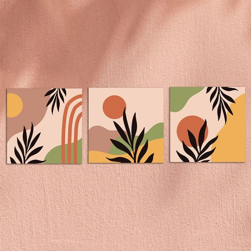 Minimalist abstract botanical triptych with earthy tones and leaves