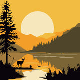 Silhouette of a deer by a lake with sunset mountains