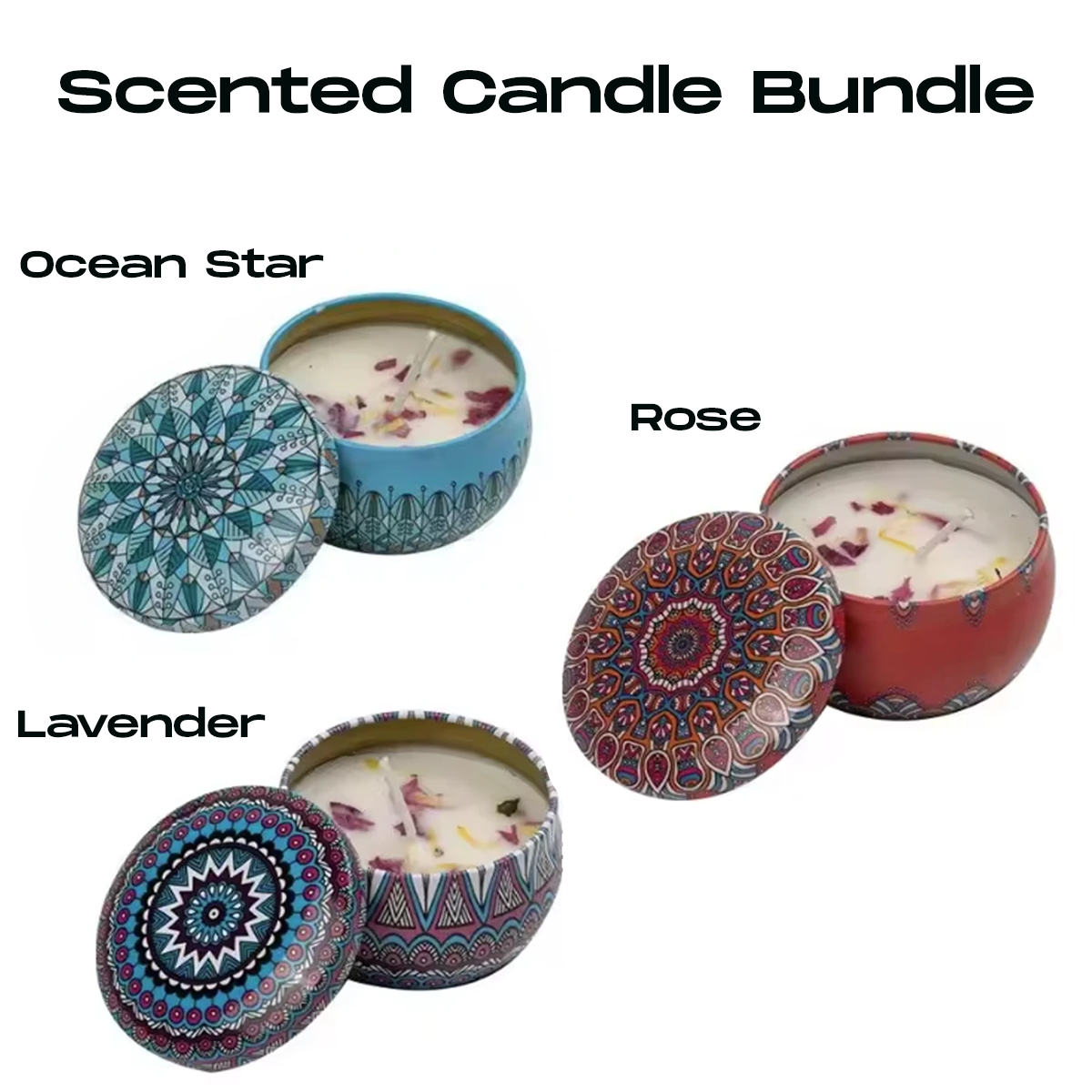 Three scented candles – Rose, Lavender, Ocean Star – in mandala tins, available individually or as a bundle