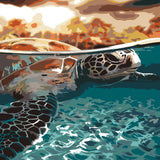 Sea turtle swimming in clear water with sunset reflection painting