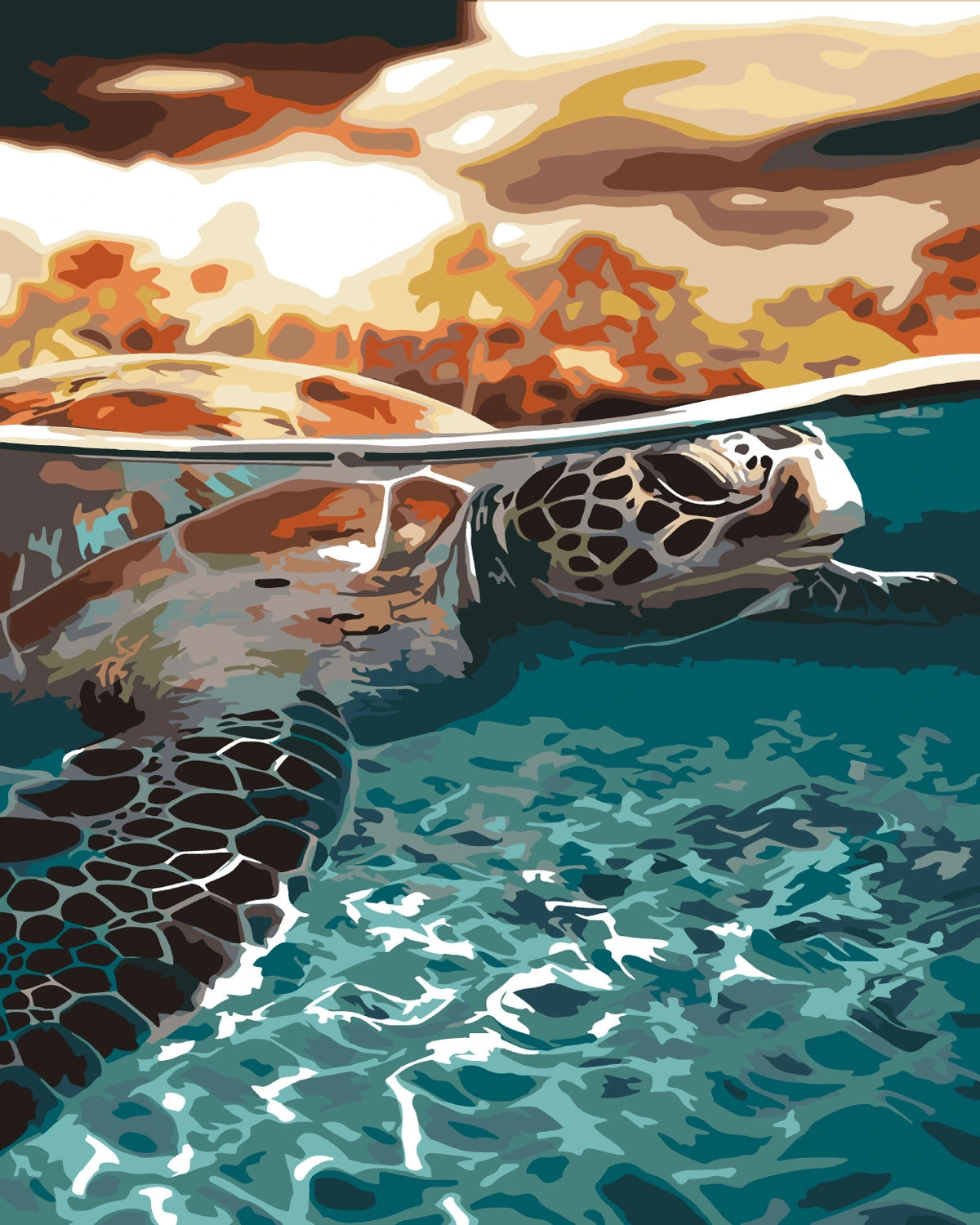 Sea turtle swimming in clear water with sunset reflection painting