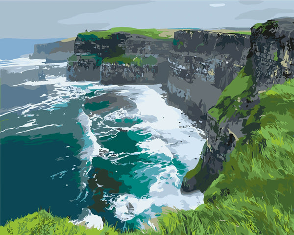 Cliffs overlooking the ocean with crashing waves and green hills painting