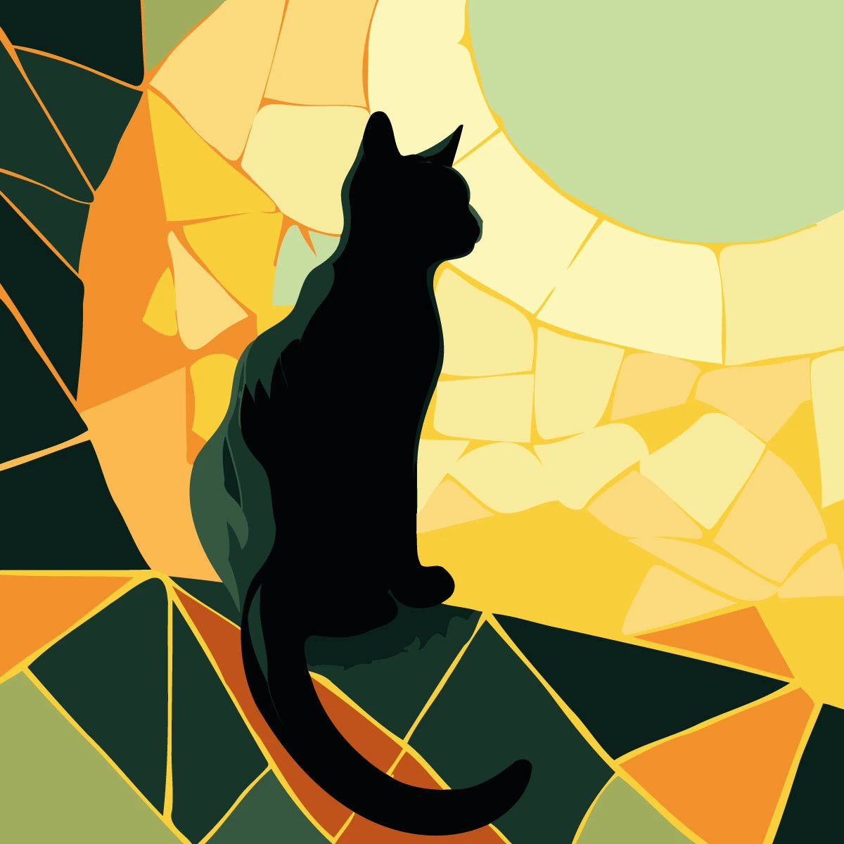 Silhouette of a black cat against a stained glass sunset