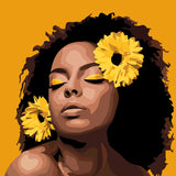 Portrait painting of a woman with afro, yellow flowers, and serene expression