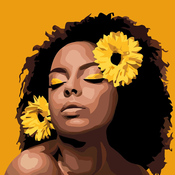 Portrait painting of a woman with afro, yellow flowers, and serene expression