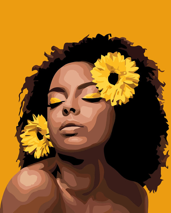 Portrait painting of a woman with afro, yellow flowers, and serene expression