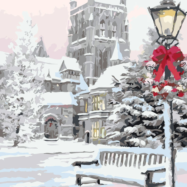 Snowy winter scene with castle, festive lamp post, and bench painting