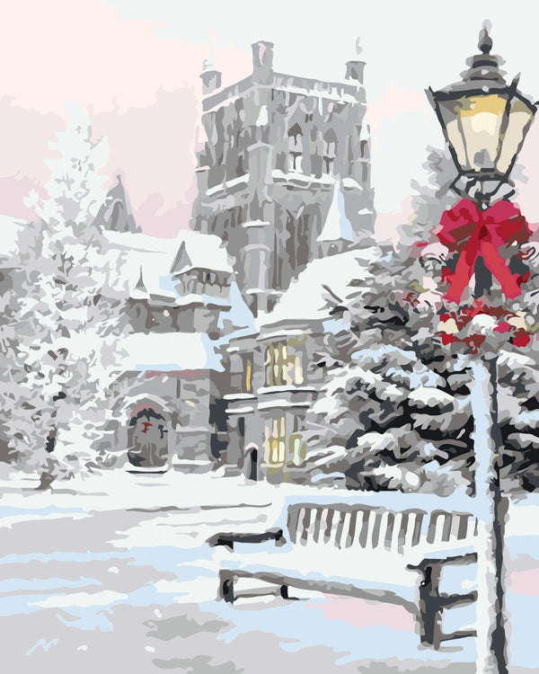 Snowy winter scene with castle, festive lamp post, and bench painting