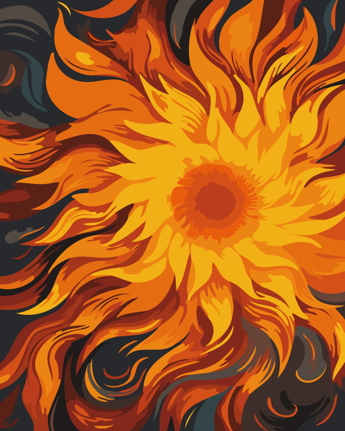 Abstract fiery sunflower painting with swirling orange and yellow petals
