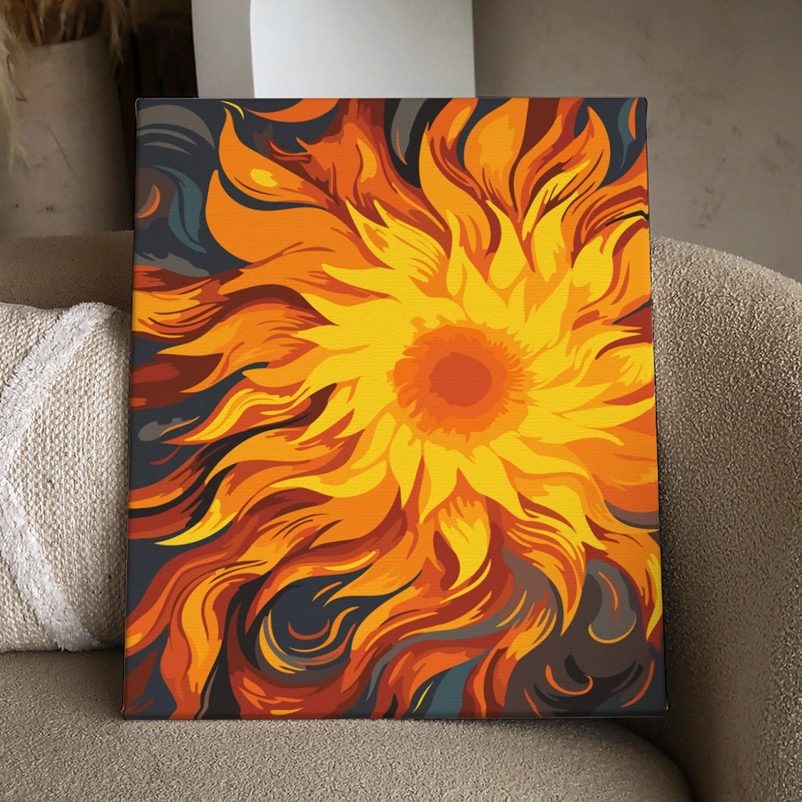 Abstract fiery sunflower painting with swirling orange and yellow petals