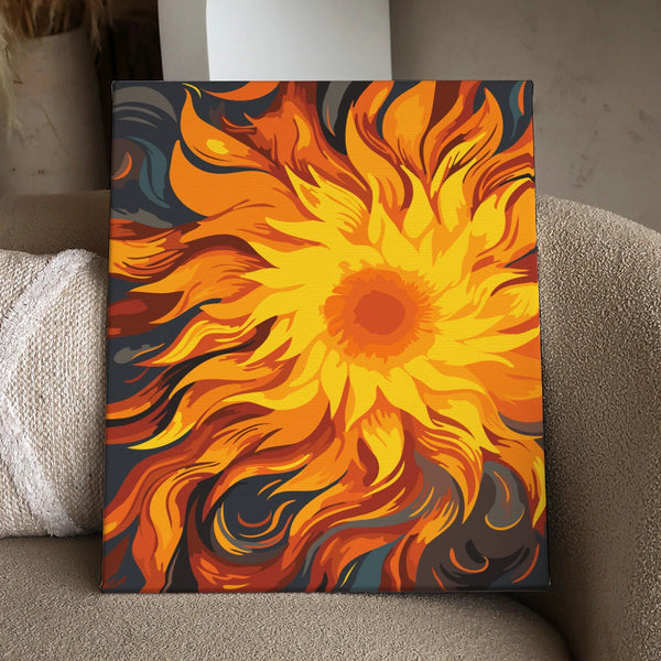 Abstract fiery sunflower painting with swirling orange and yellow petals