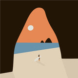 Minimalist beach painting with surfer, ocean, and abstract mountain background