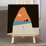 Minimalist beach painting with surfer, ocean, and abstract mountain background
