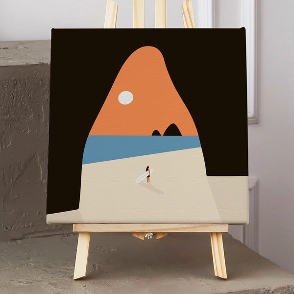 Minimalist beach painting with surfer, ocean, and abstract mountain background