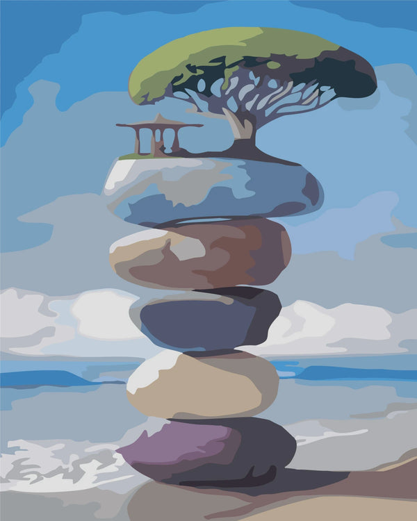 Surreal painting of stacked stones with a tree and gazebo