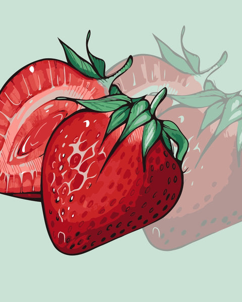 Illustration of a whole and sliced strawberry with glossy texture and green leaves on a mint background, designed by Kalinina for the Strawberry Dream kit.