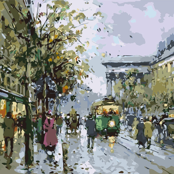 Impressionist painting of a rainy city street with people and trams