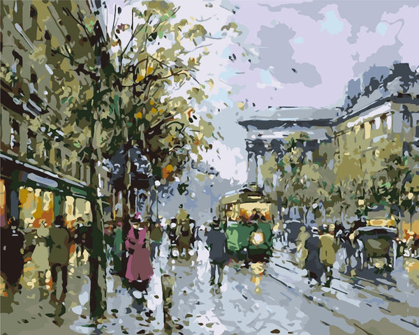 Impressionist painting of a rainy city street with people and trams
