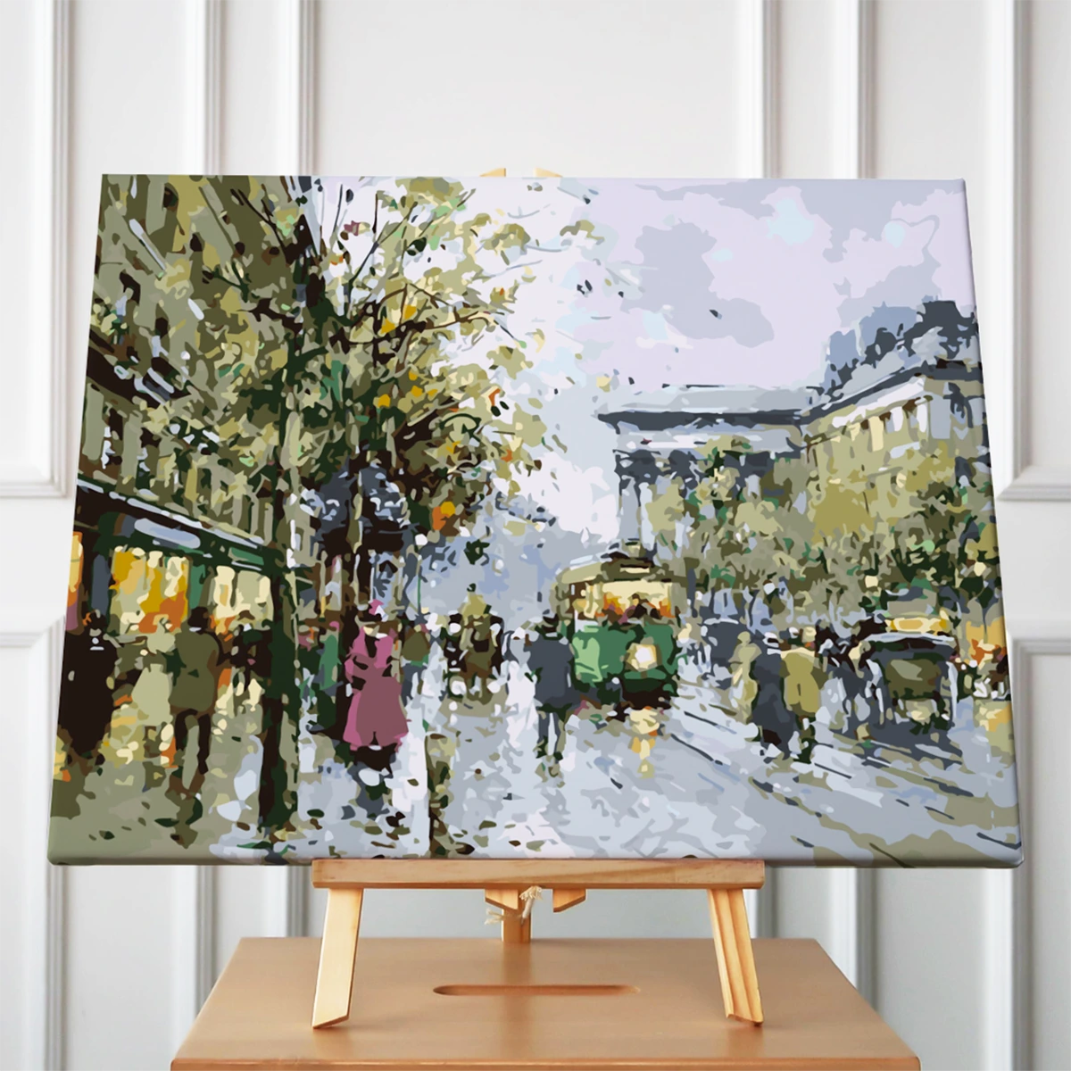 Impressionist painting of a rainy city street with people and trams